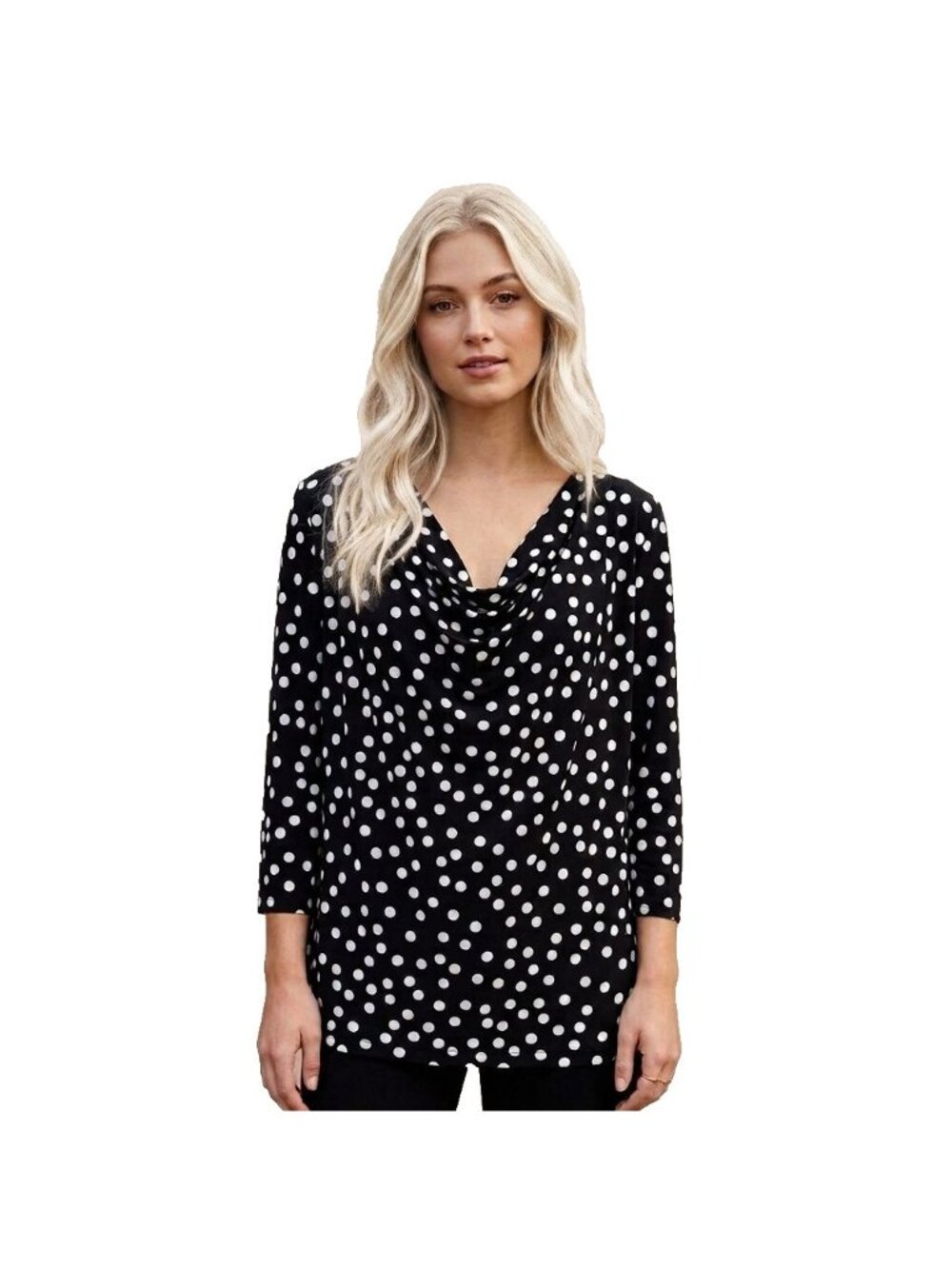 Lane Bryant Black White Polka Dot Stretch Cowl Neck 3/4 Sleeve Top Size 26/28